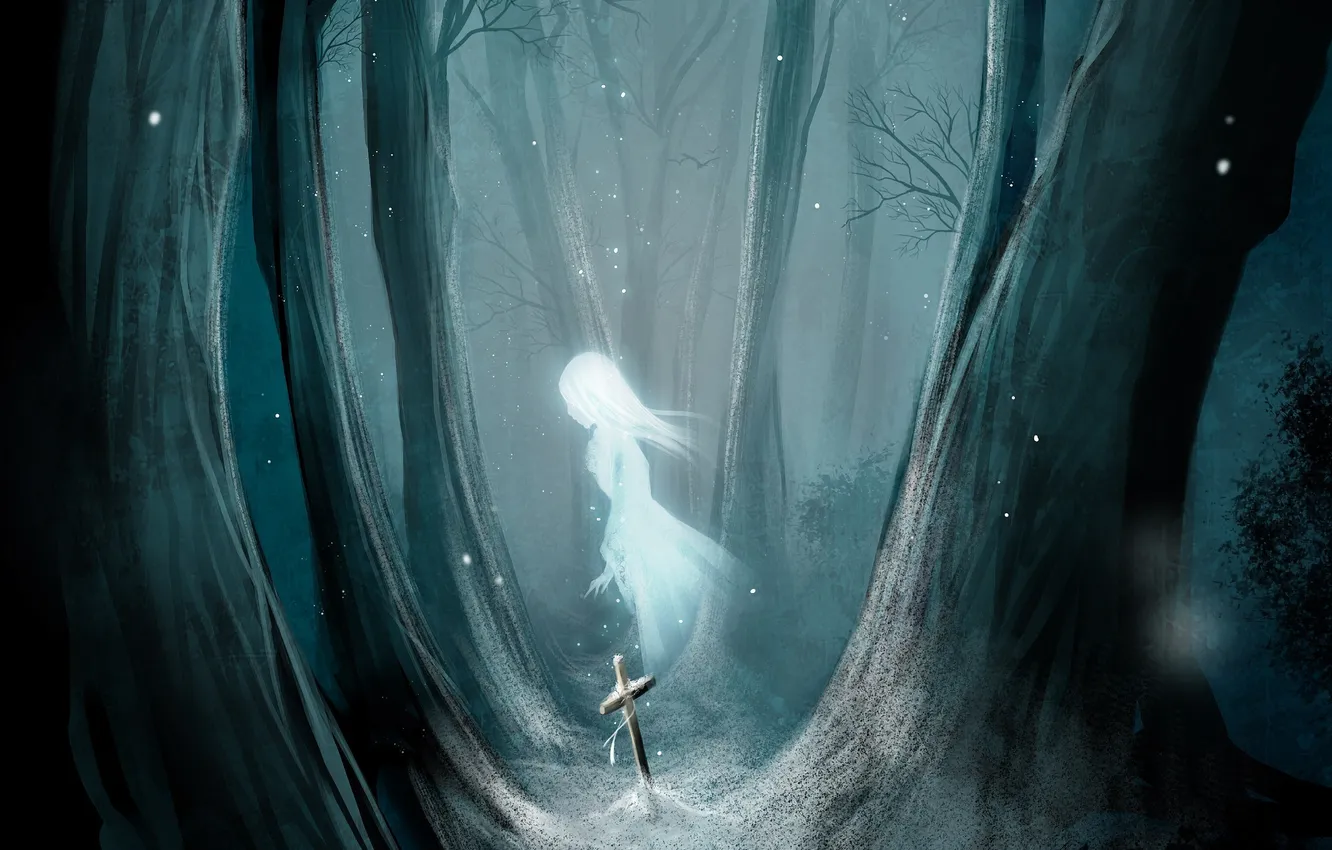 Photo wallpaper forest, girl, snow, trees, cross, art, Ghost, yaichino