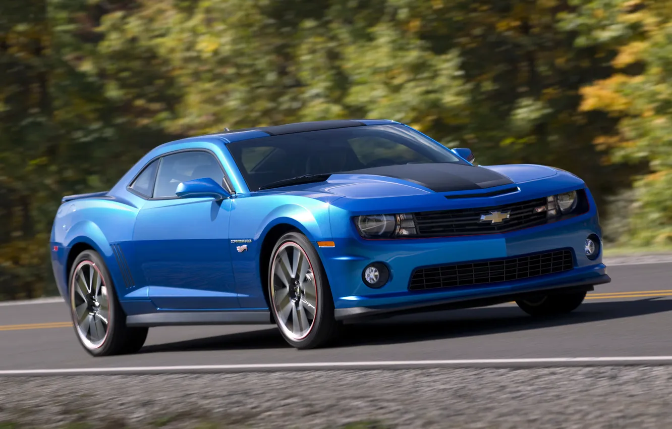 Photo wallpaper machine, auto, blue, lights, Chevrolet, Camaro, in motion, Coupe