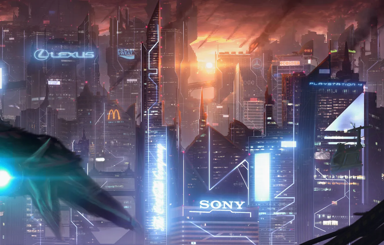 Photo wallpaper the city, skyscrapers, advertising, meteorites, megapolis, meteor shower