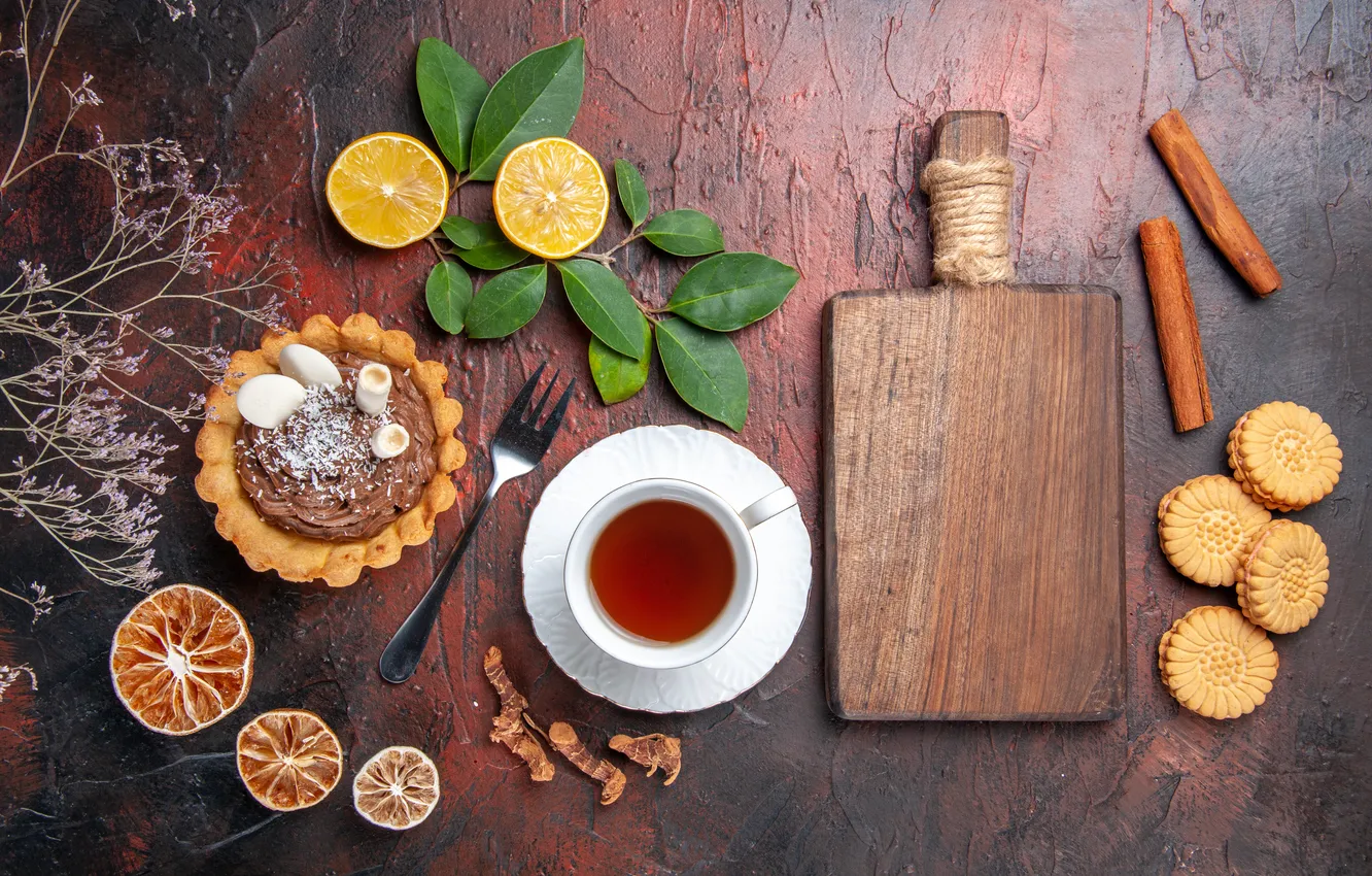 Photo wallpaper leaves, sprig, lemon, tea, cookies, plate, the tea party, Cup