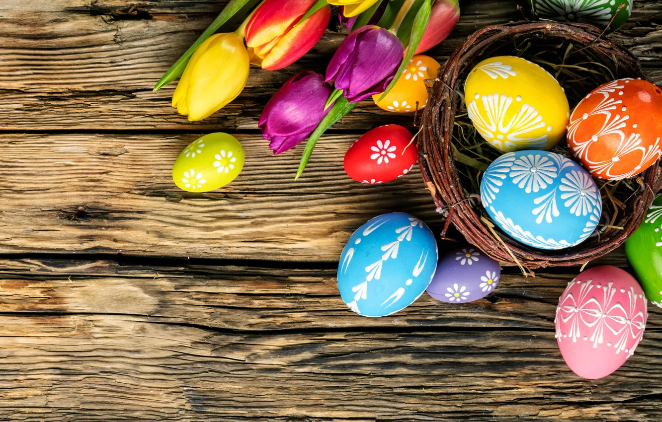 Photo wallpaper colorful, Easter, tulips, wood, flowers, tulips, spring, Easter