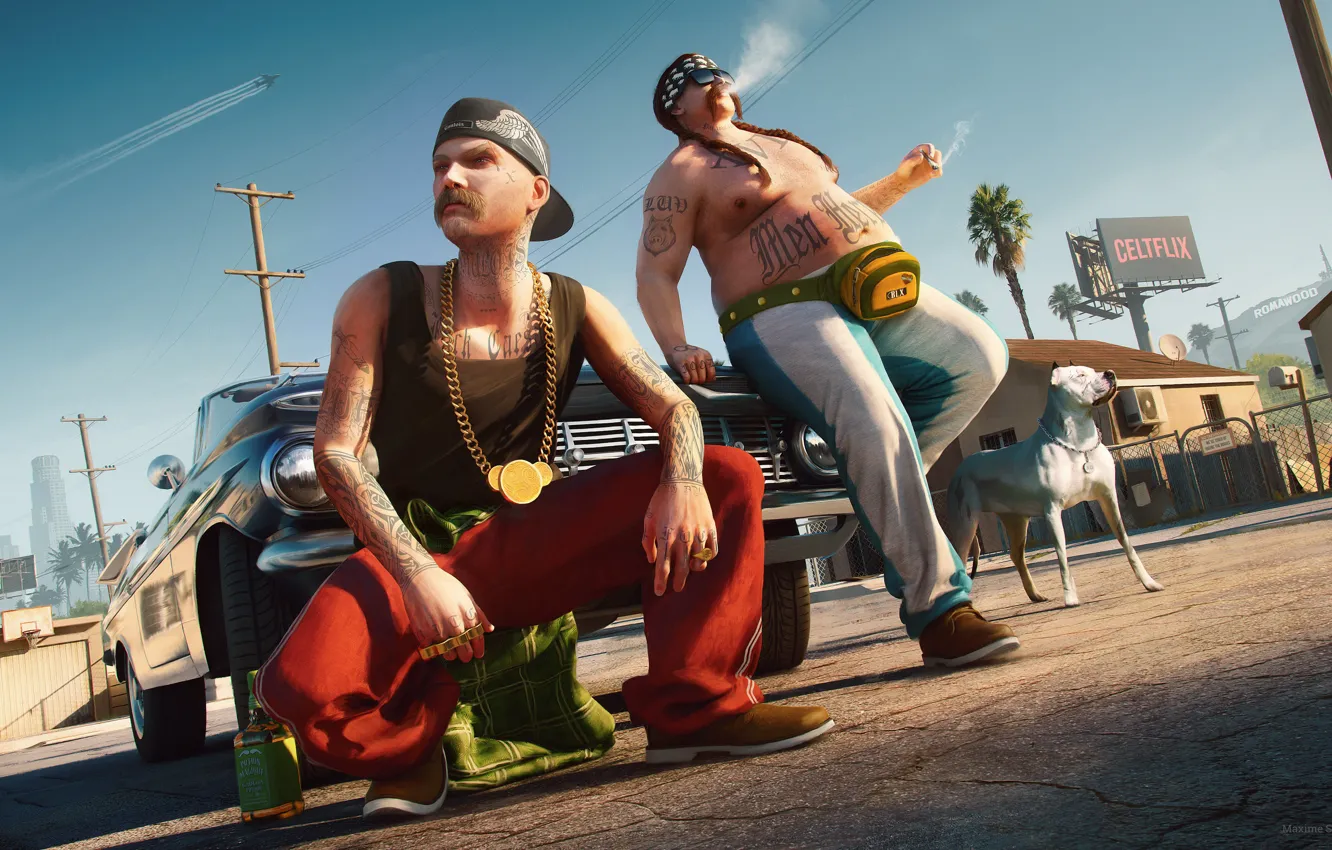 Photo wallpaper machine, dog, chain, gta, Los Santos, Maxim Shields, A$TERIX & OBELIXXX