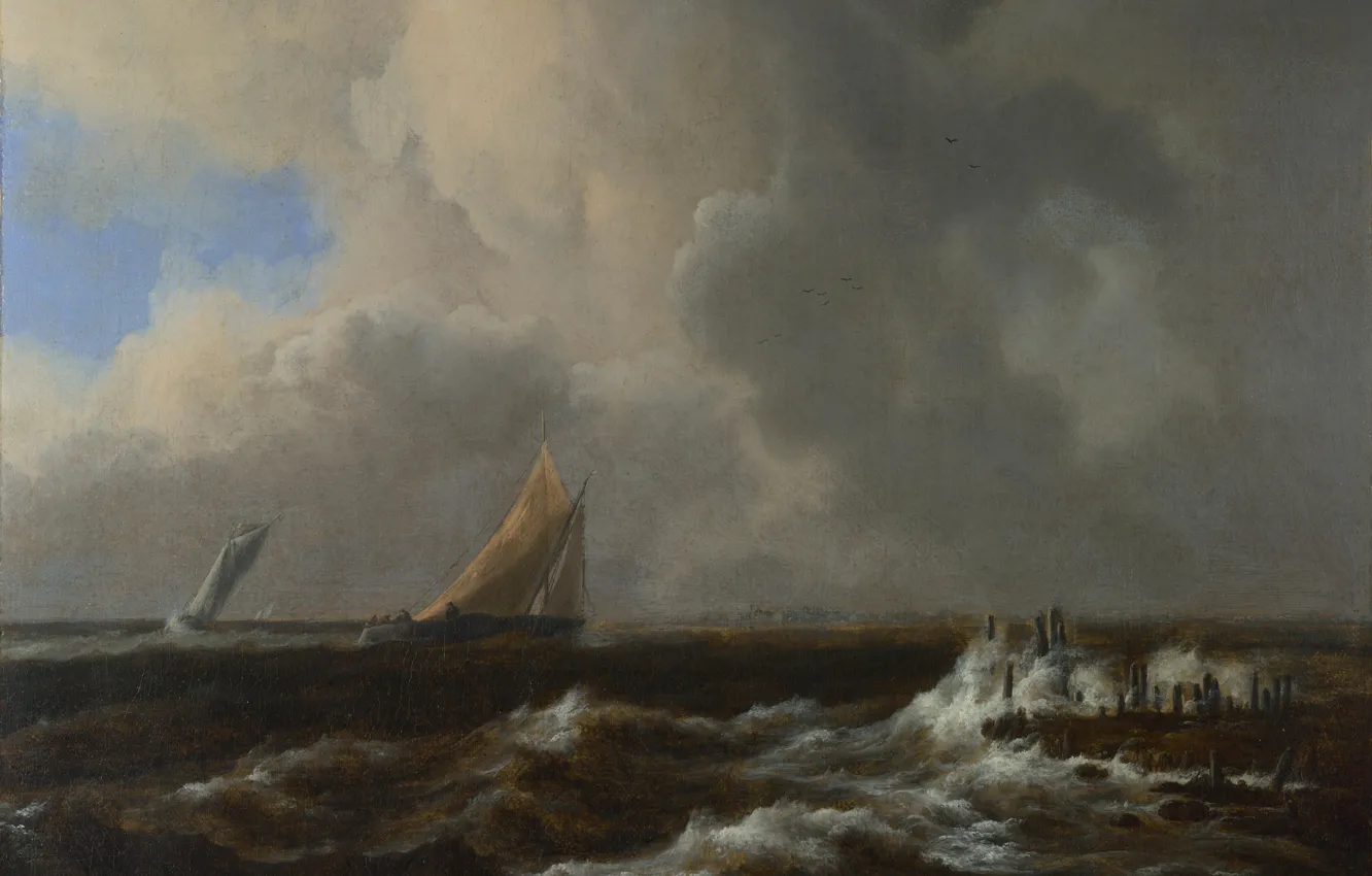 Photo wallpaper picture, seascape, Jacob van Ruisdael, Jacob van Ruisdael, Ships in a fresh breeze