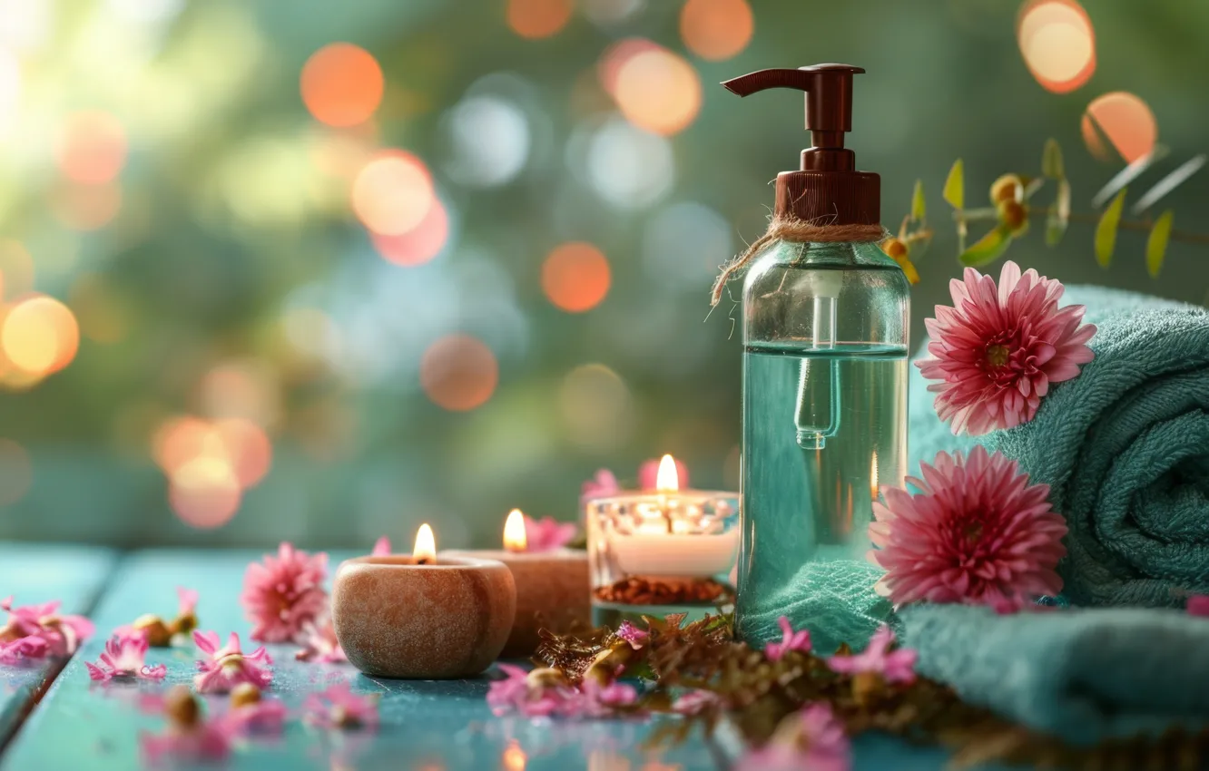 Photo wallpaper flowers, towel, candles, AI art, neural network