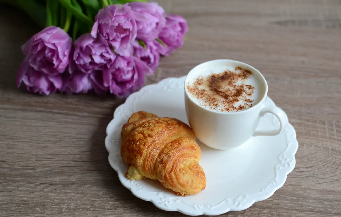 Photo wallpaper flowers, coffee, tulips, cappuccino, croissant