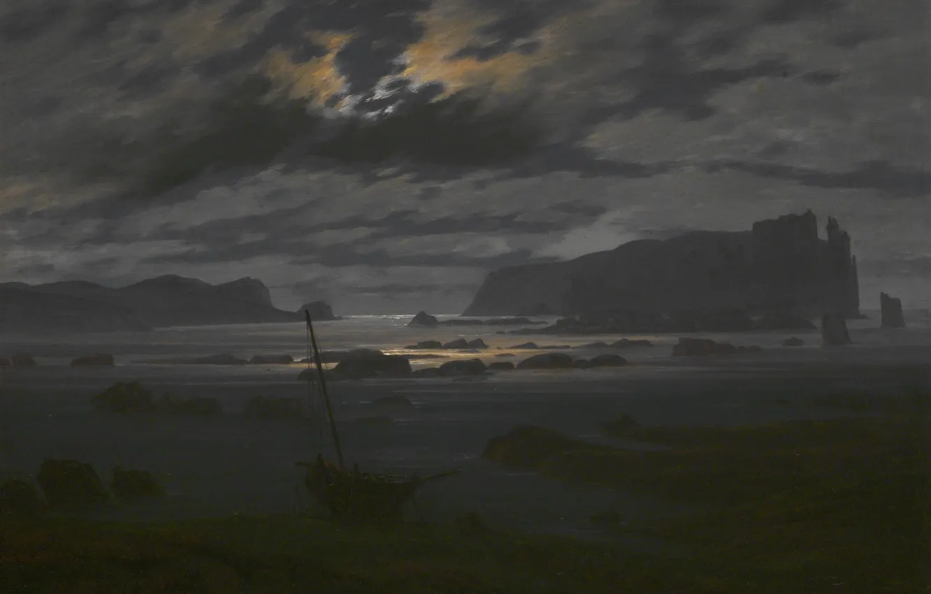 Photo wallpaper landscape, night, boat, picture, Caspar David Friedrich, Northern Sea in the Moonlight