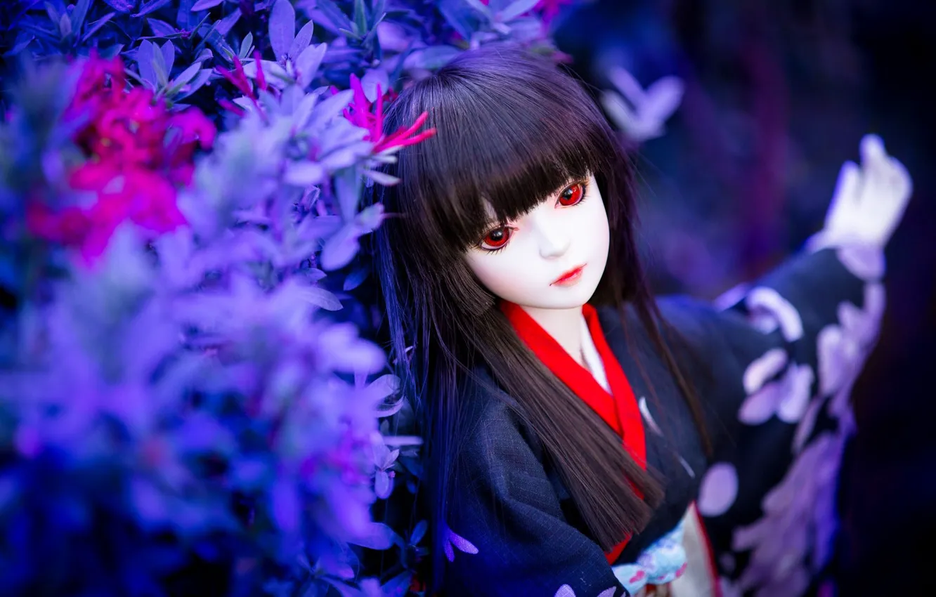 Photo wallpaper vegetation, toy, doll, brunette, geisha, red eyes