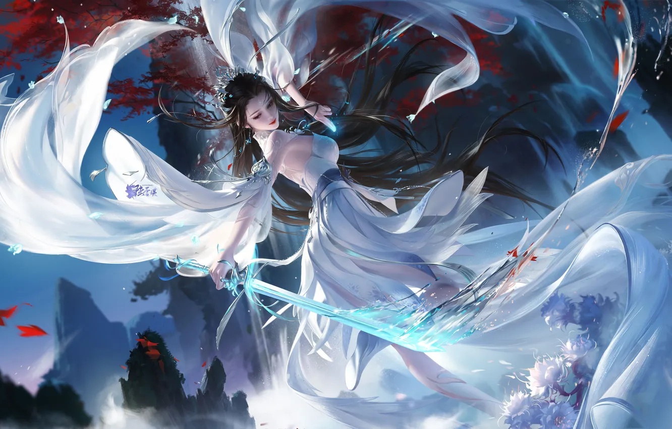Photo wallpaper girl, fantasy, dress, water, brunette, digital art, artwork, warrior