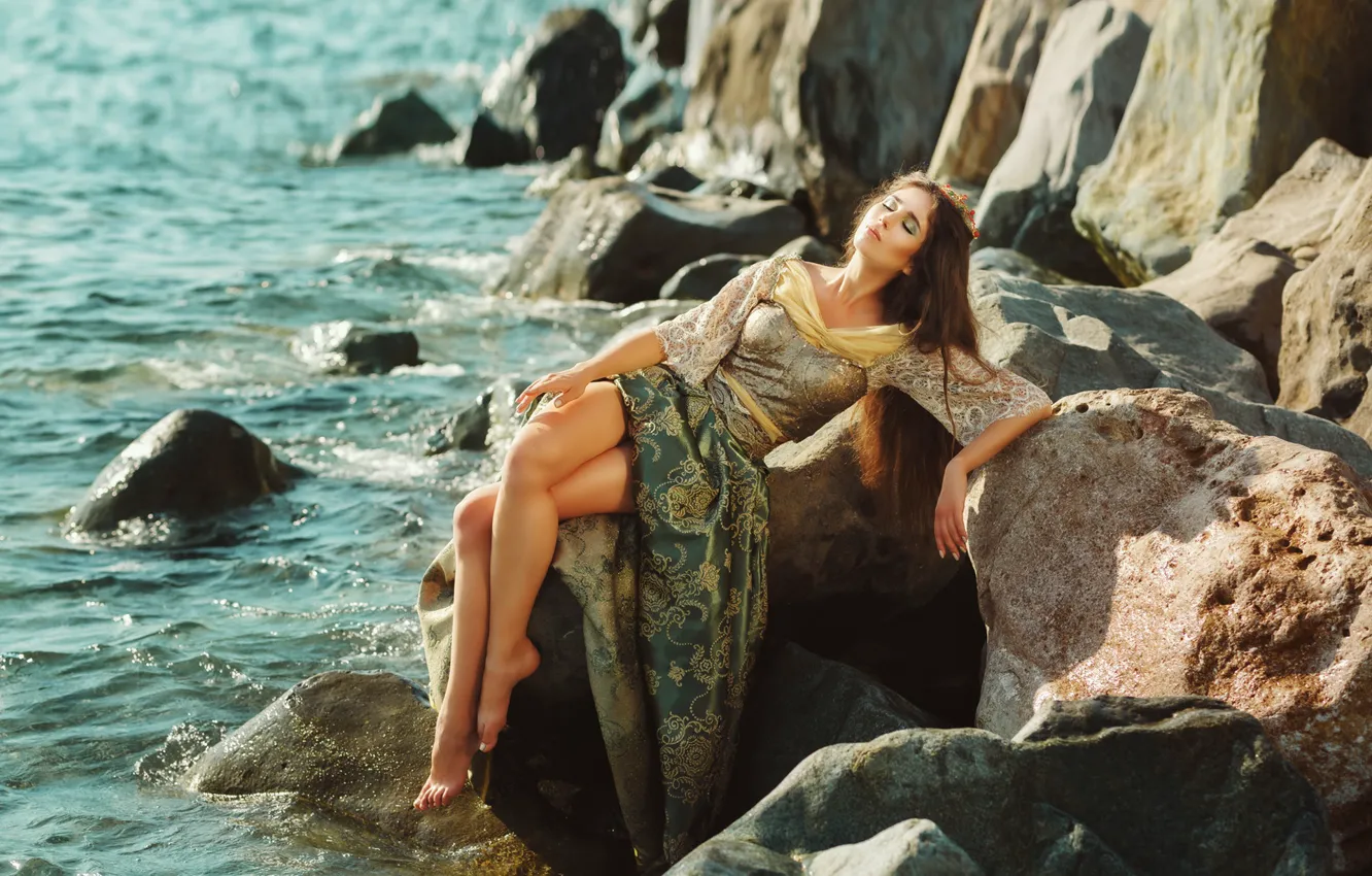 Photo wallpaper sea, girl, pose, stones, mood, rocks, dress, legs