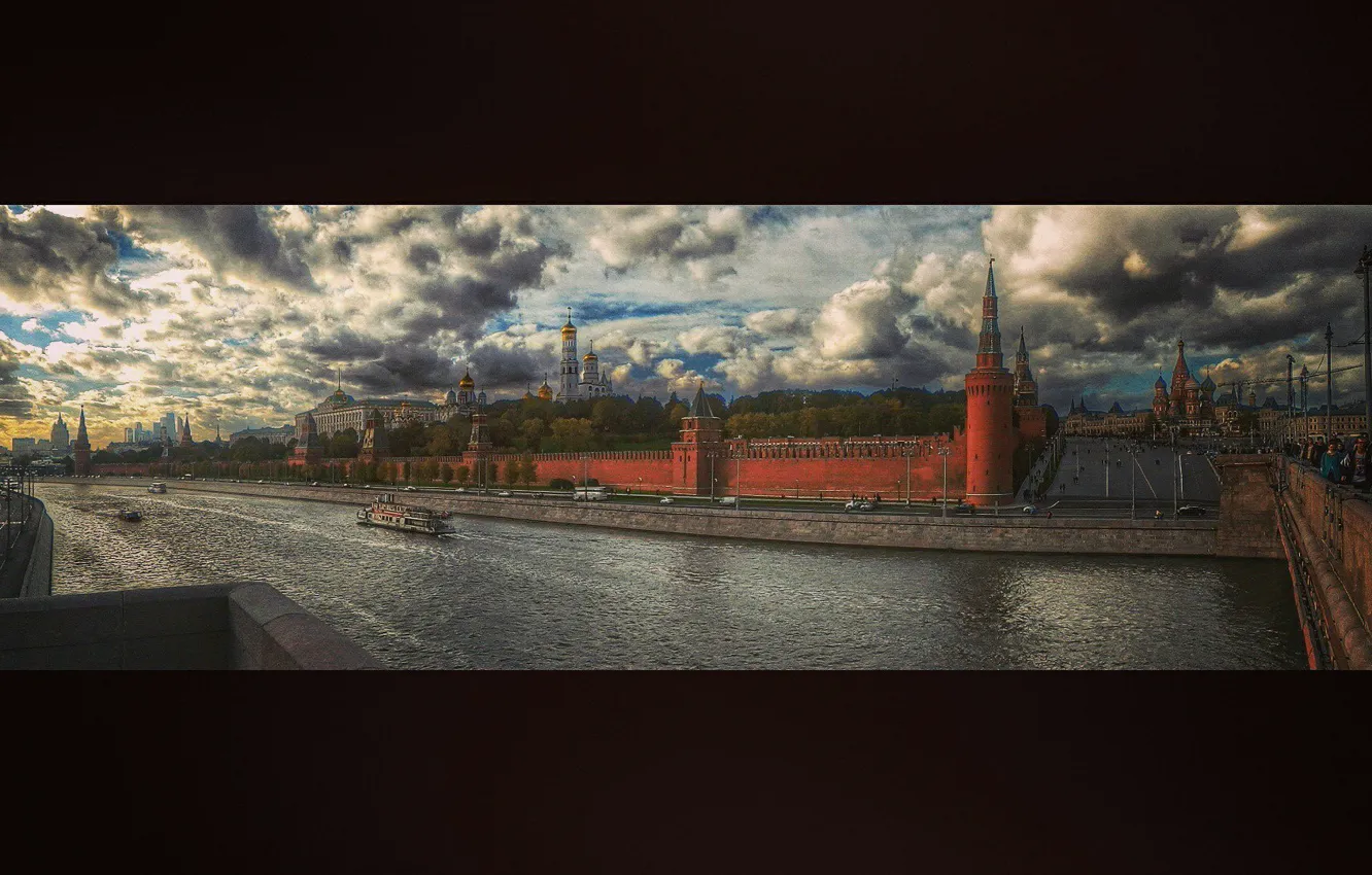 Photo wallpaper road, autumn, the sky, boat, panorama, Moscow, red square, The Moscow river