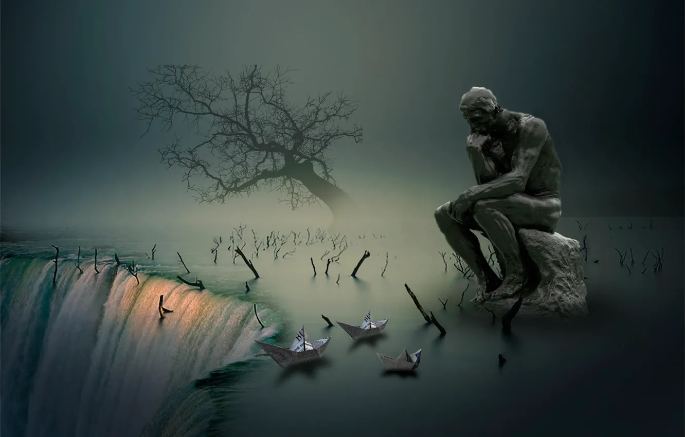 Photo wallpaper waterfall, sculpture, lonely tree, waterfall, thinker, philosopher, lonely tree, paper boats