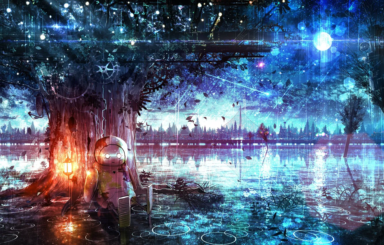 Photo wallpaper trees, nature, rain, figure, robot, home