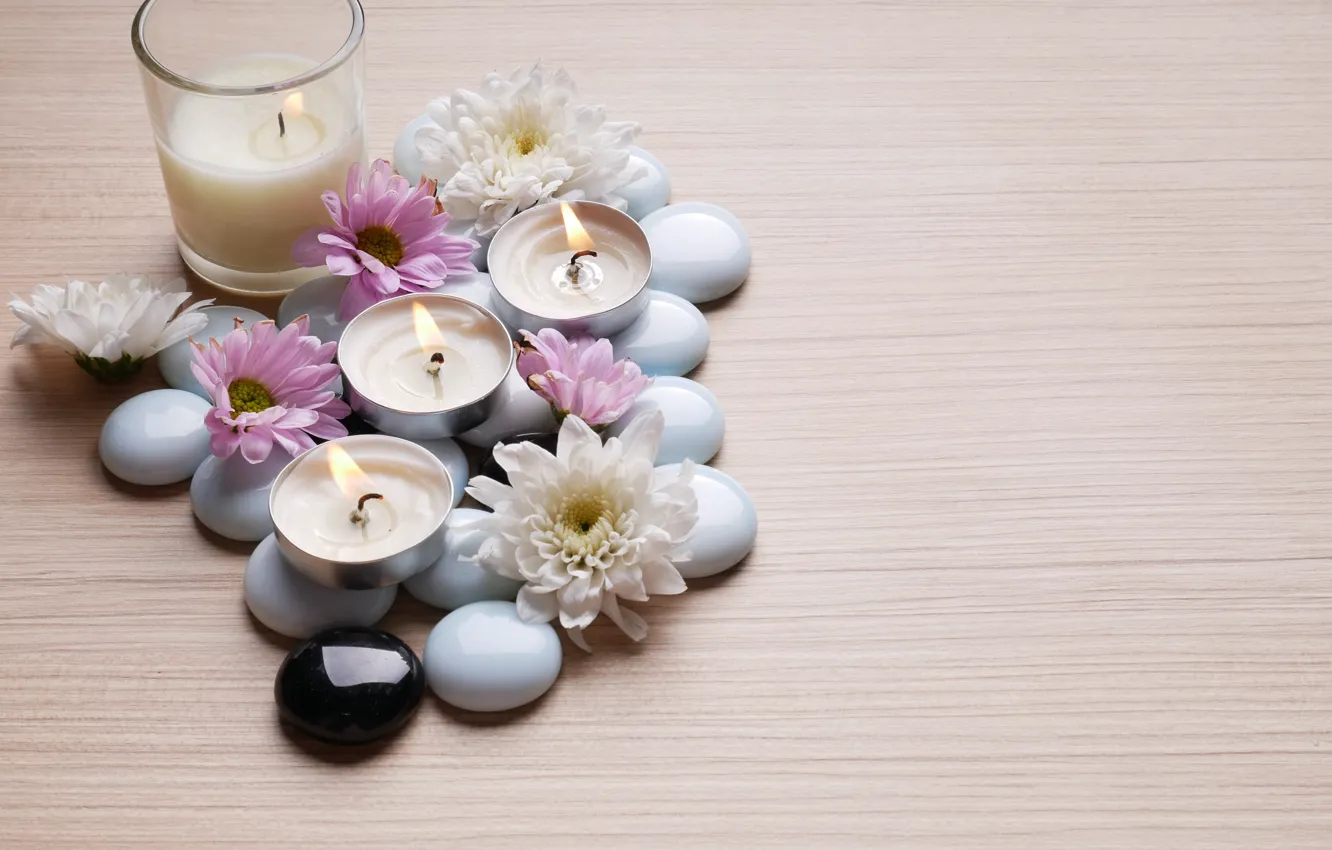Photo wallpaper stones, candles, chrysanthemum, Spa