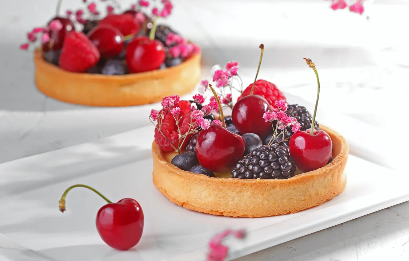 Photo wallpaper flowers, cherry, berries, blueberries, cake, cakes, BlackBerry, sweet