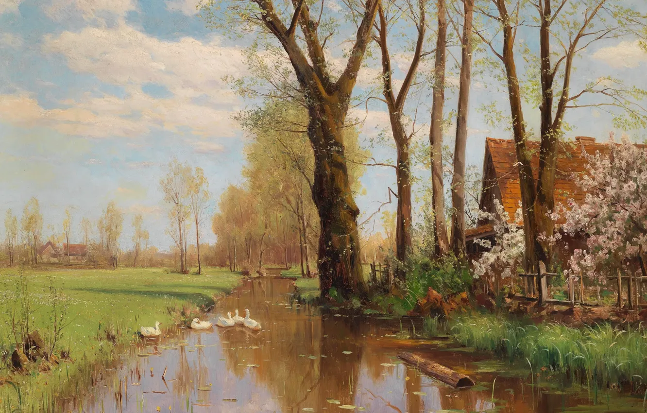 Photo wallpaper Walter Moras, German painter, German landscape painter, Walter Moras, oil on canvas, Magnificent spring landscape …