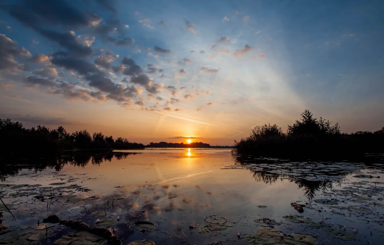 Photo wallpaper sunset, lake, reflection