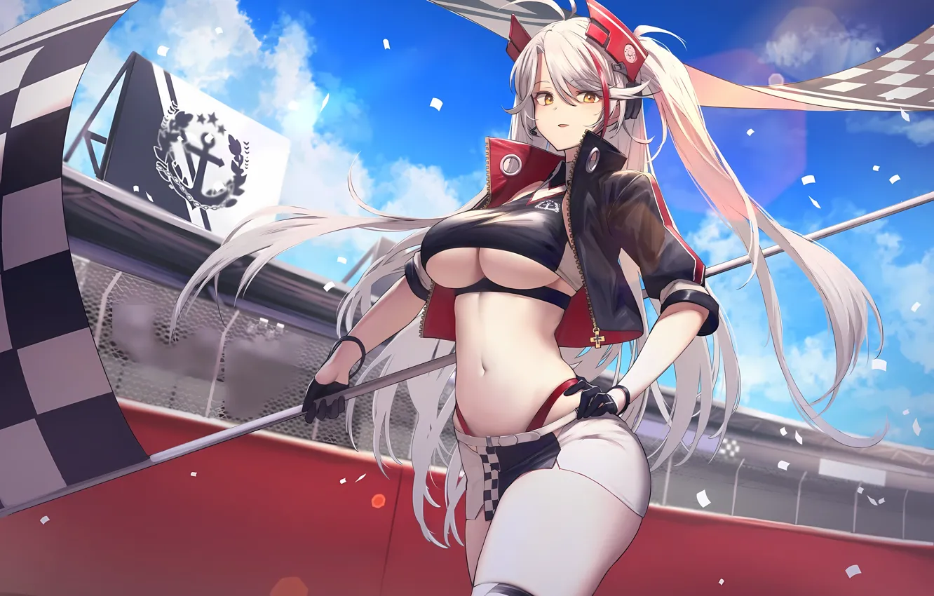 Photo wallpaper girl, sexy, cleavage, blouse, thighhighs, sky, long hair, boobs