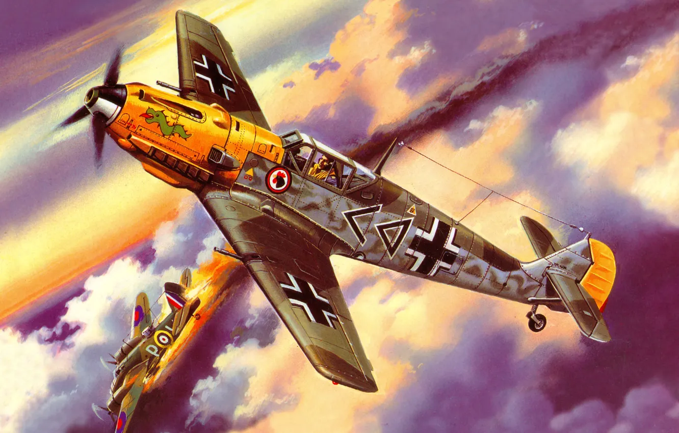 Photo wallpaper the sky, clouds, figure, fighter, art, German, dogfight, WW2