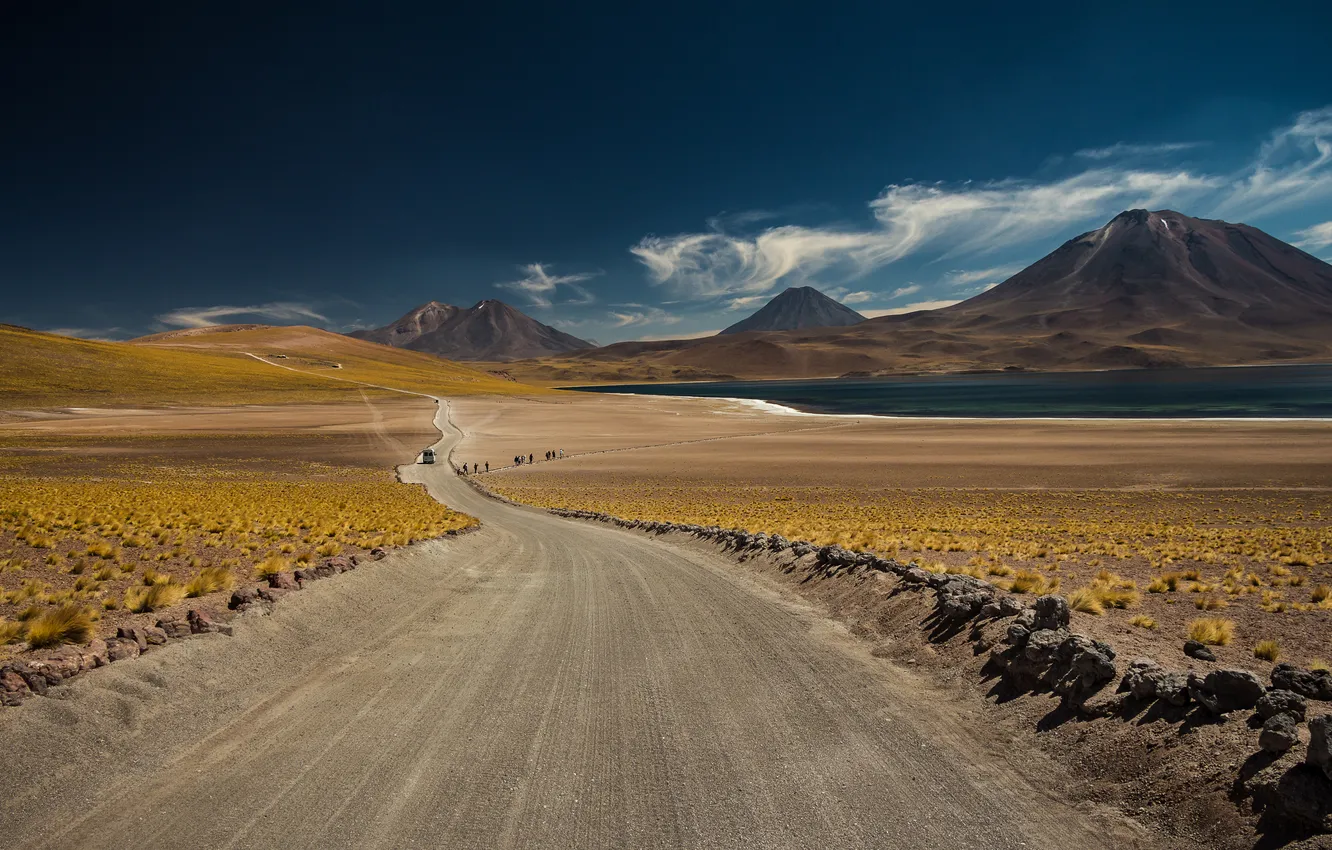 Photo wallpaper road, mountains, lake, desert