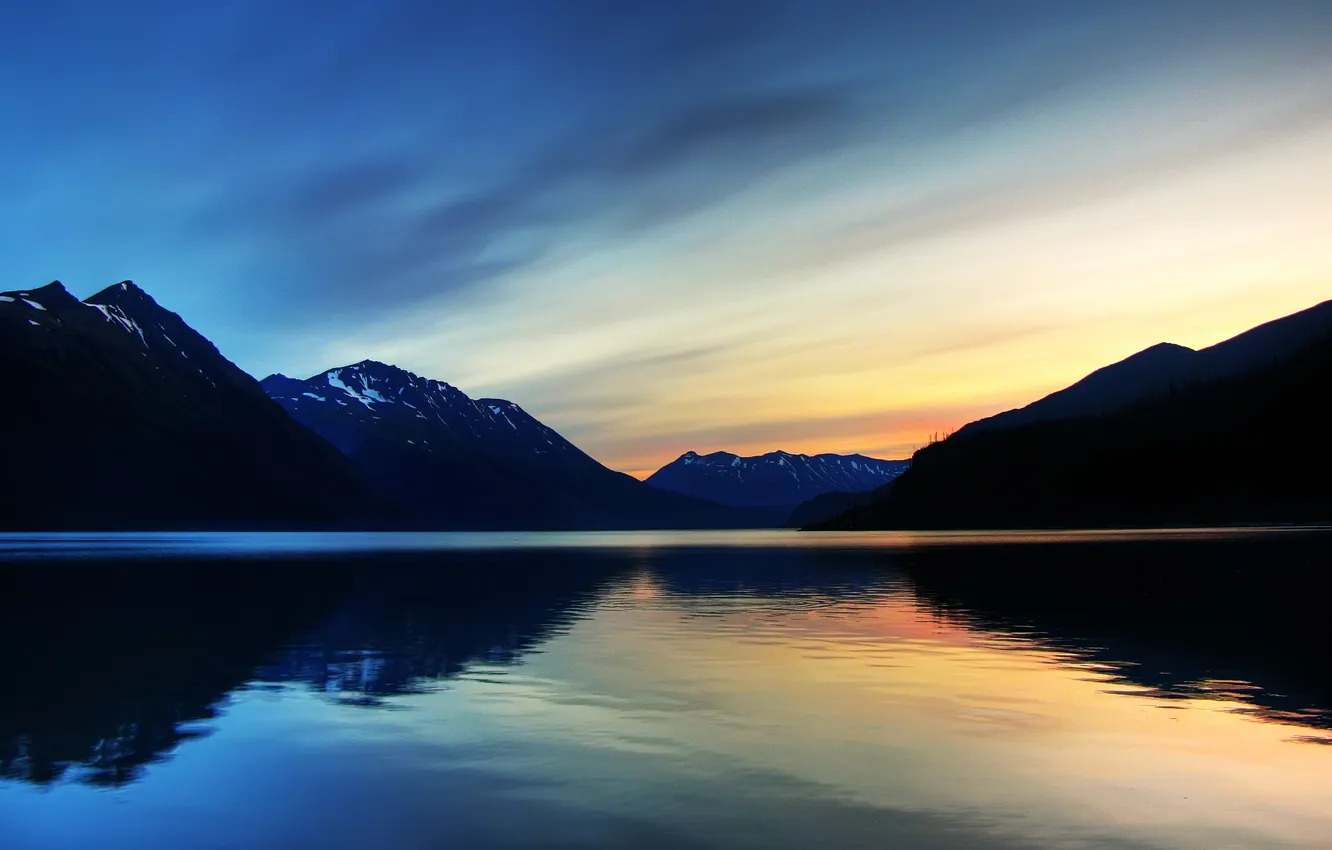 Photo wallpaper sunset, lake, surface, Glacier Bay