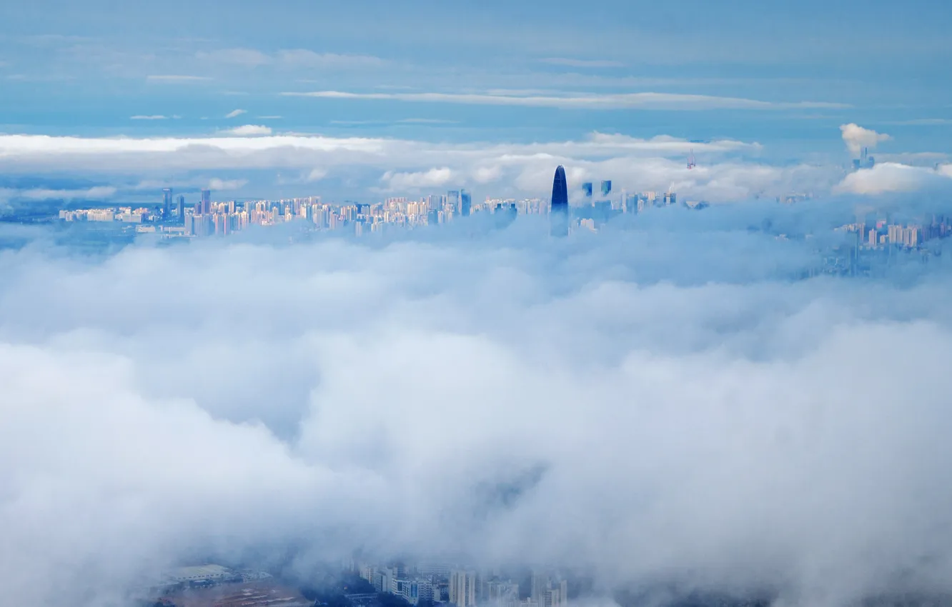 Photo wallpaper the sky, clouds, the city, fog, day