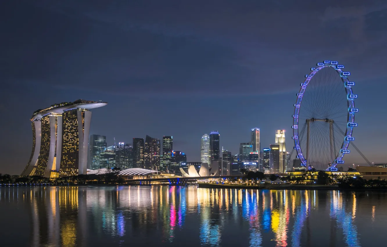 Photo wallpaper night, lights, Singapore, Marina Bay, wheel review