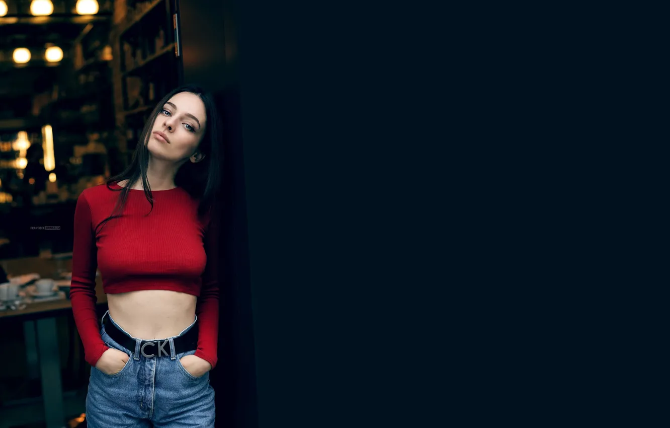 Photo wallpaper look, pose, background, model, portrait, jeans, makeup, figure