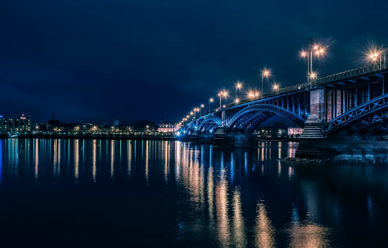 Photo wallpaper night, lights, river, Germany, lights, Mainz, Rhine.bridge, Mainz