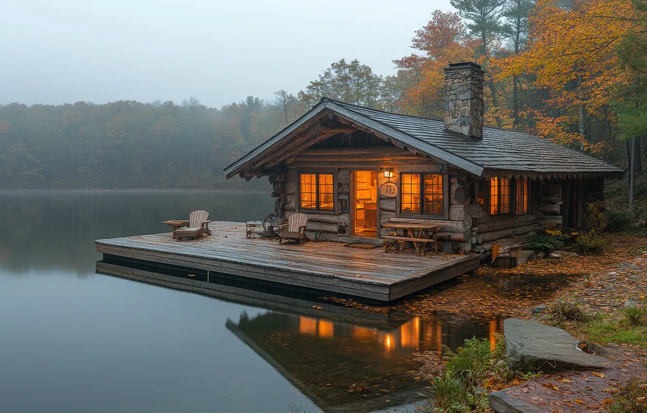 Photo wallpaper autumn, forest, light, trees, landscape, nature, lights, fog