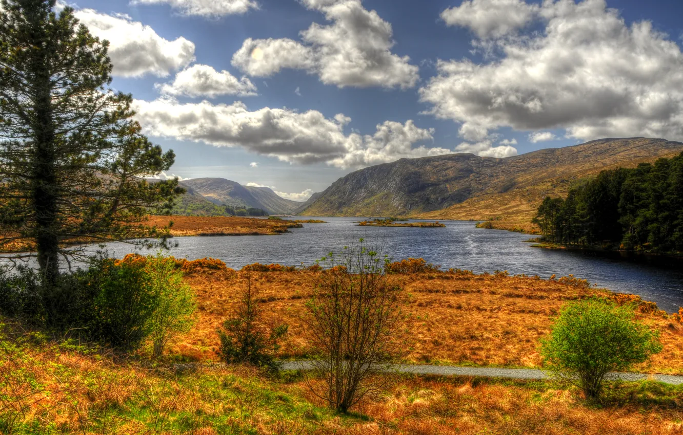 Photo wallpaper autumn, the sky, clouds, trees, mountains, river, Ireland, Glenveagh National Park