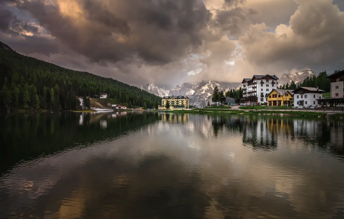 Photo wallpaper landscape, mountains, nature, lake, reflection, dawn, morning, village