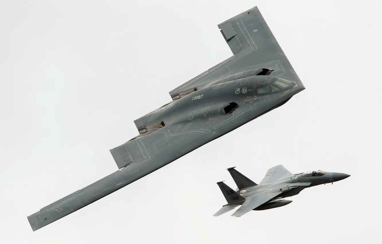 Photo wallpaper F-15, bomber, fighter, Spirit, B-2A, McDonnell Douglas, Eagle, strategic