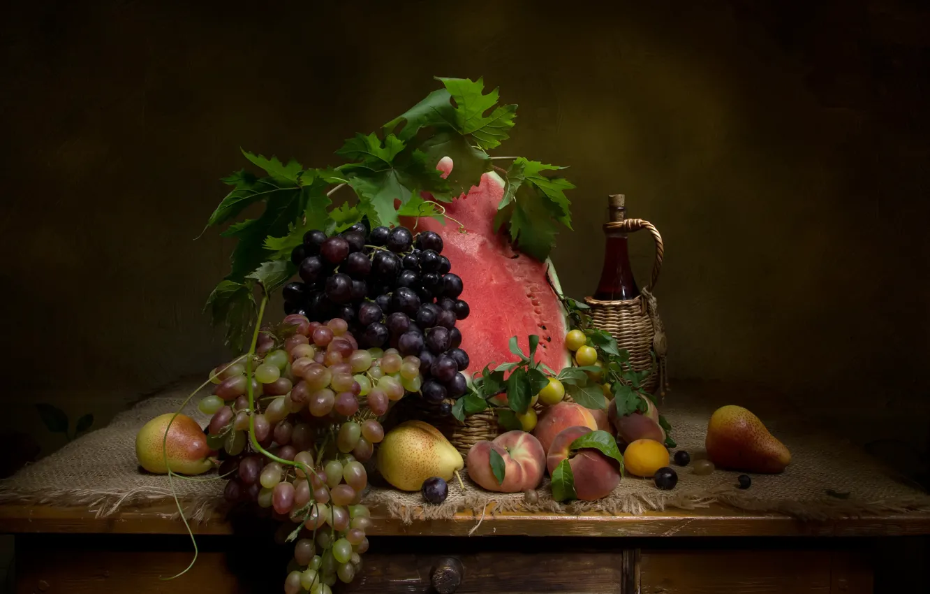 Photo wallpaper leaves, table, wine, watermelon, grapes, fruit, still life, peaches