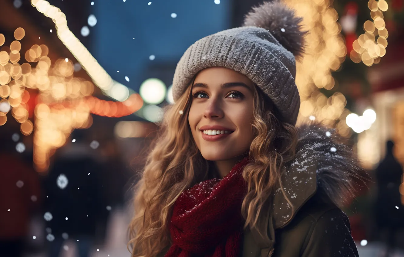 Photo wallpaper girl, joy, face, smile, emotions, holiday, hat, new year