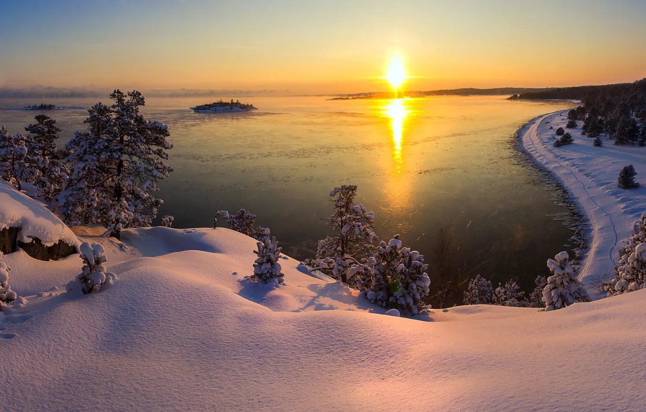 Photo wallpaper winter, the sun, snow, trees, landscape, sunset, nature, lake
