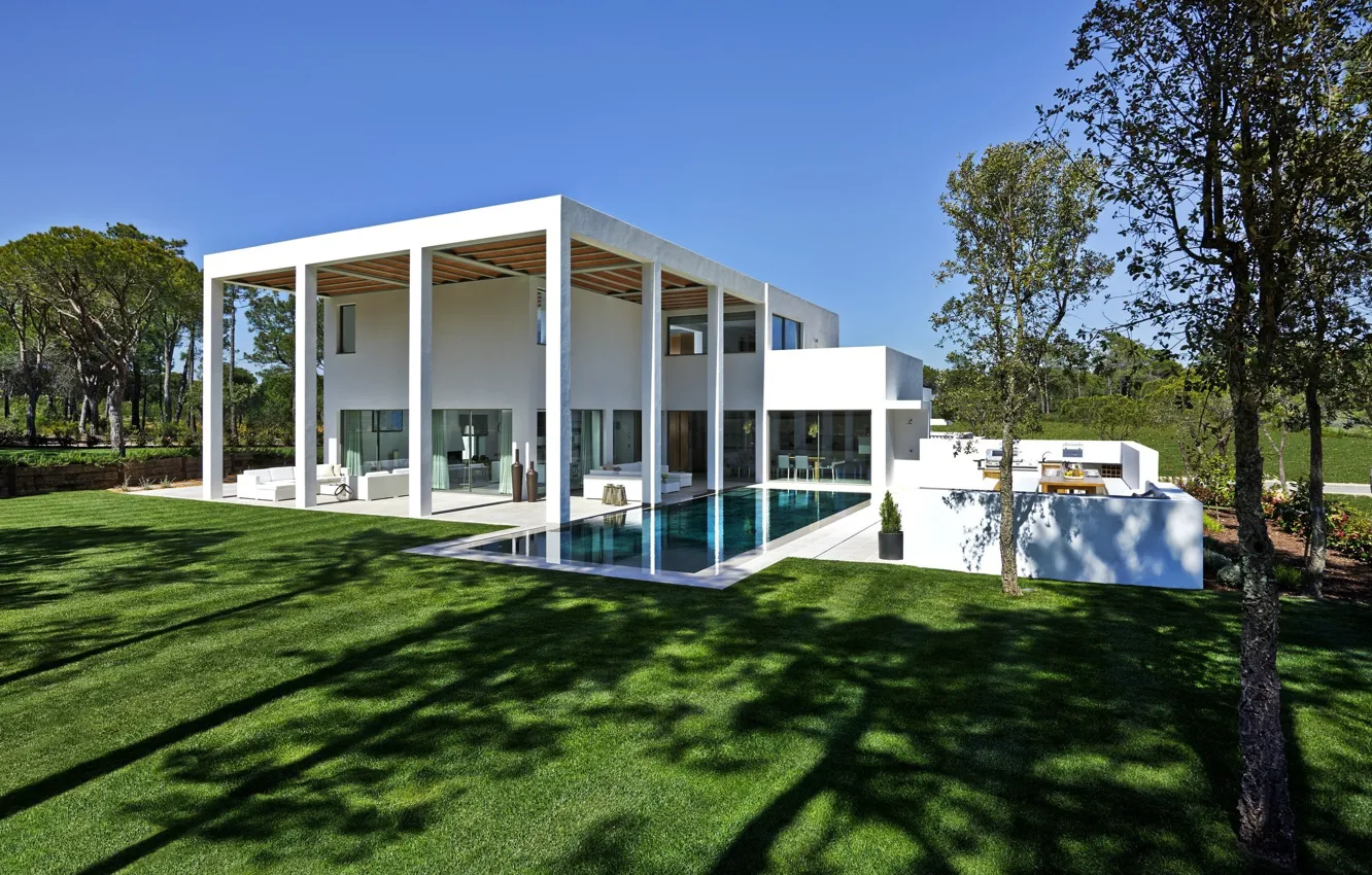 Photo wallpaper Villa, pool, architecture, terrace, Quinta do Lago, by de Blacam and Meagher Architects, San Lorenzo …