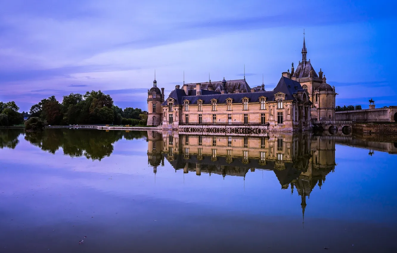 Photo wallpaper trees, reflection, river, castle, building, the evening, Germany, Germany