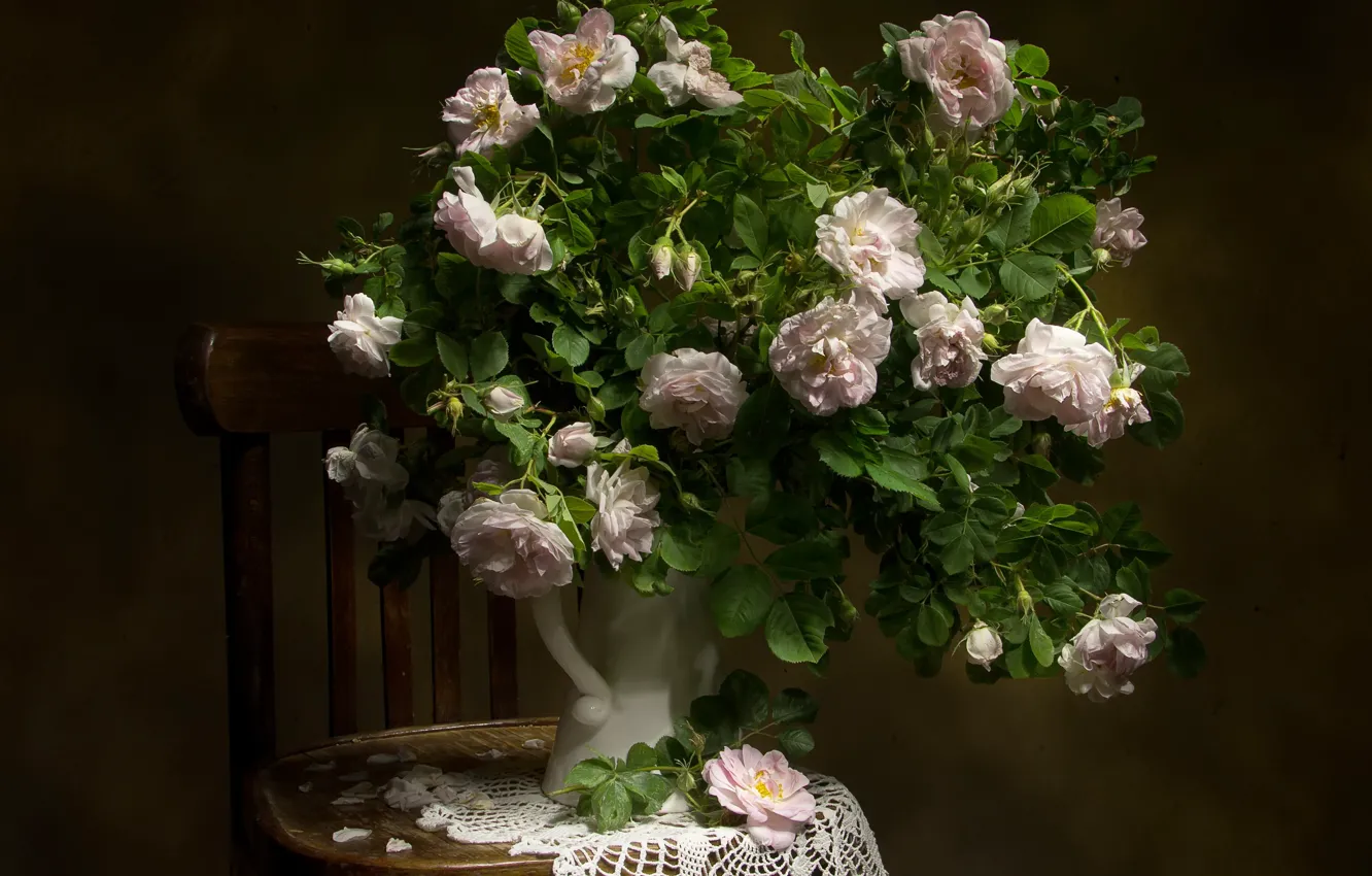 Photo wallpaper flowers, roses, chair, pitcher, napkin, Tatiana Fedenkova
