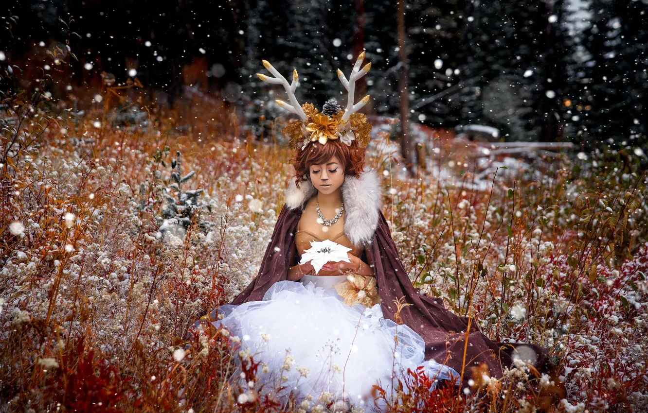 Photo wallpaper girl, snow, horns, Lichon, Winter Sawbuck