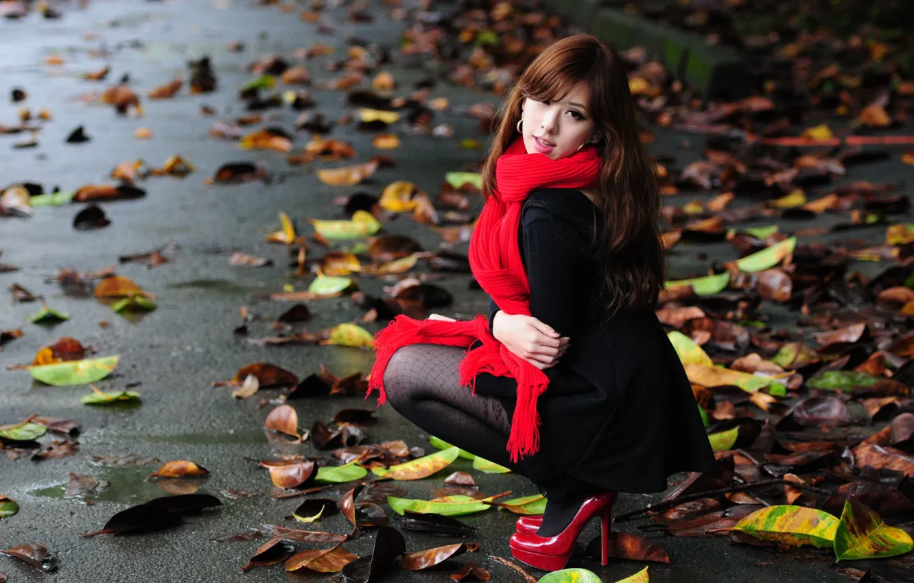 Photo wallpaper autumn, scarf, brown hair, Asian, sitting