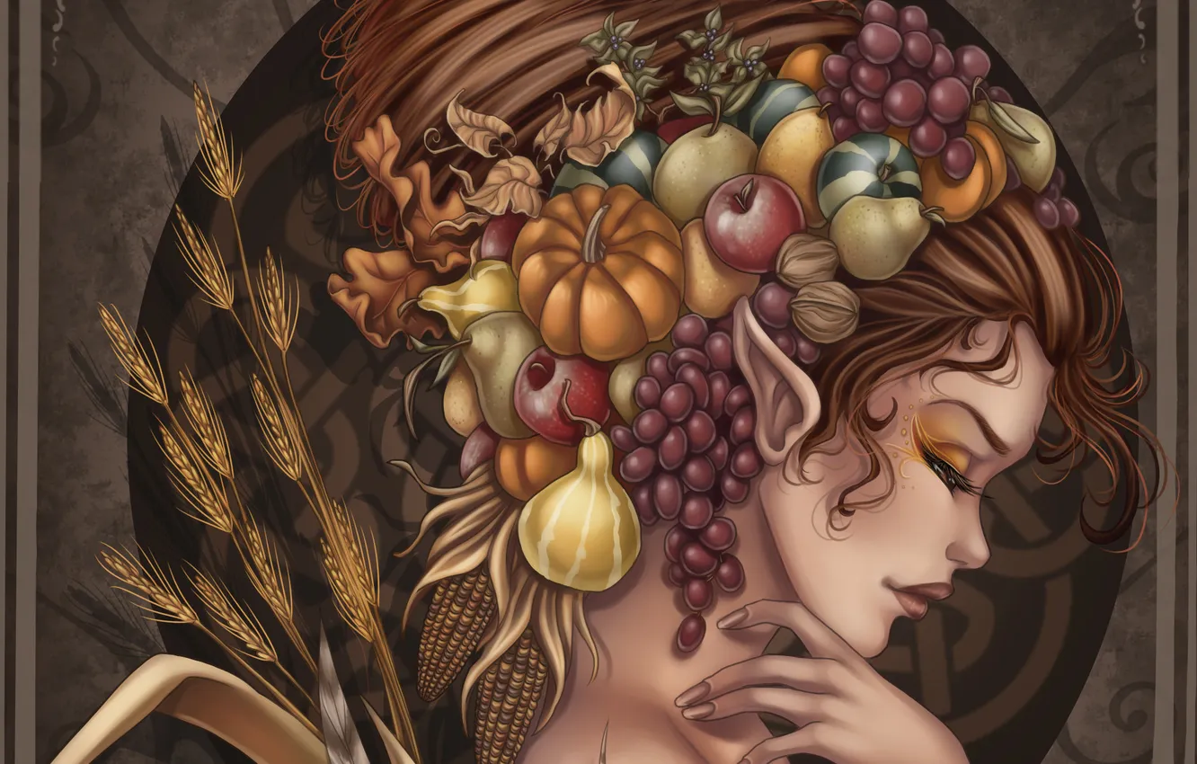 Photo wallpaper girl, face, elf, art, hairstyle, grapes, profile, pear