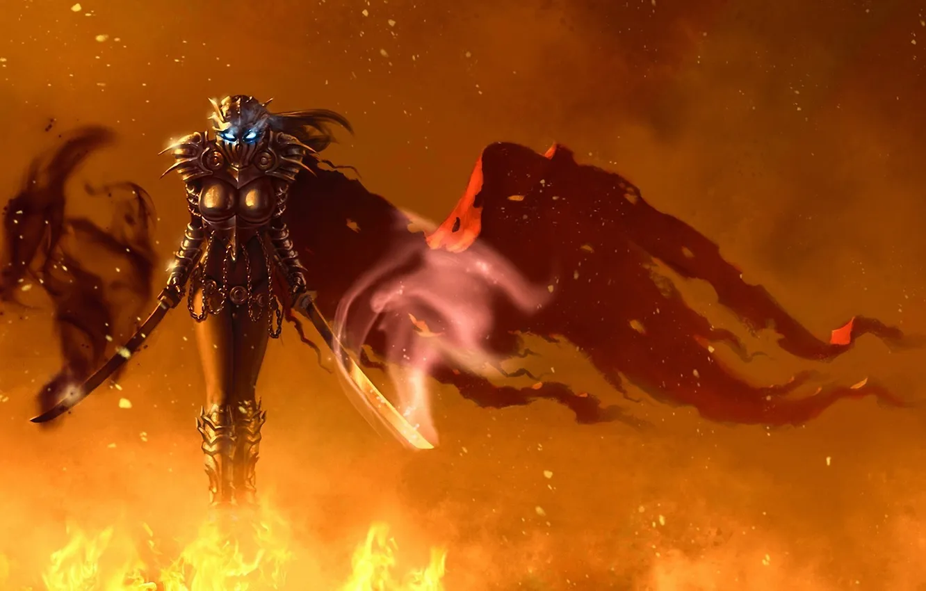 Photo wallpaper girl, lights, weapons, armor, art, cloak