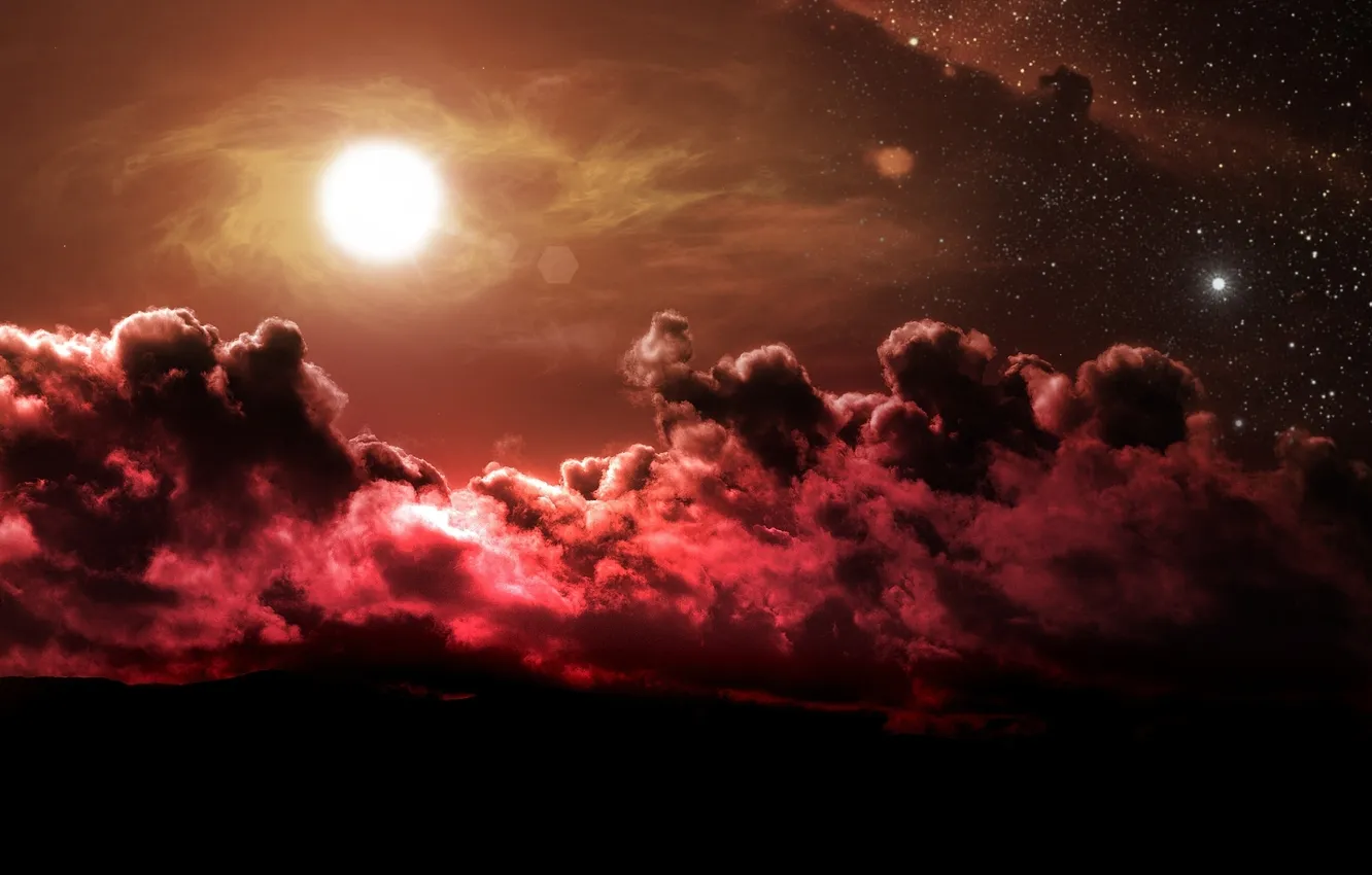 Photo wallpaper the sun, stars, clouds, red, fiction