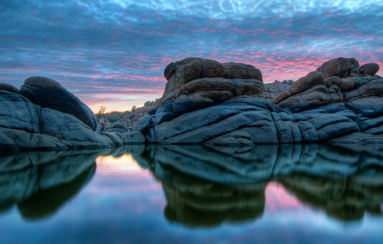 Photo wallpaper the sky, clouds, lake, rocks, glow