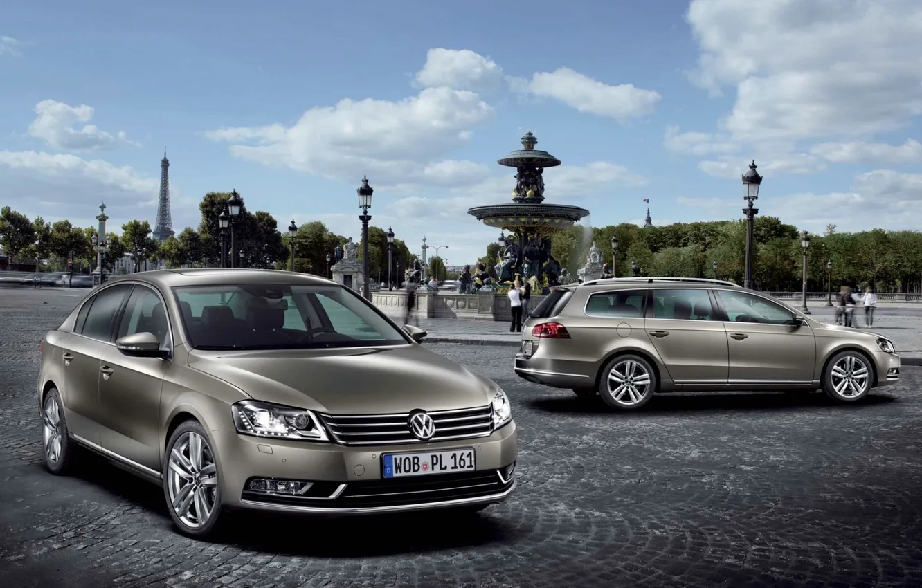 Photo wallpaper the sky, Paris, Volkswagen, fountain, sedan, Volkswagen, Passat, Passat
