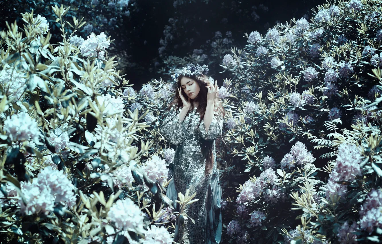 Photo wallpaper girl, mood, dress, the bushes, Bella Kotak, rhododendrons, Joy Draiki, While you are here