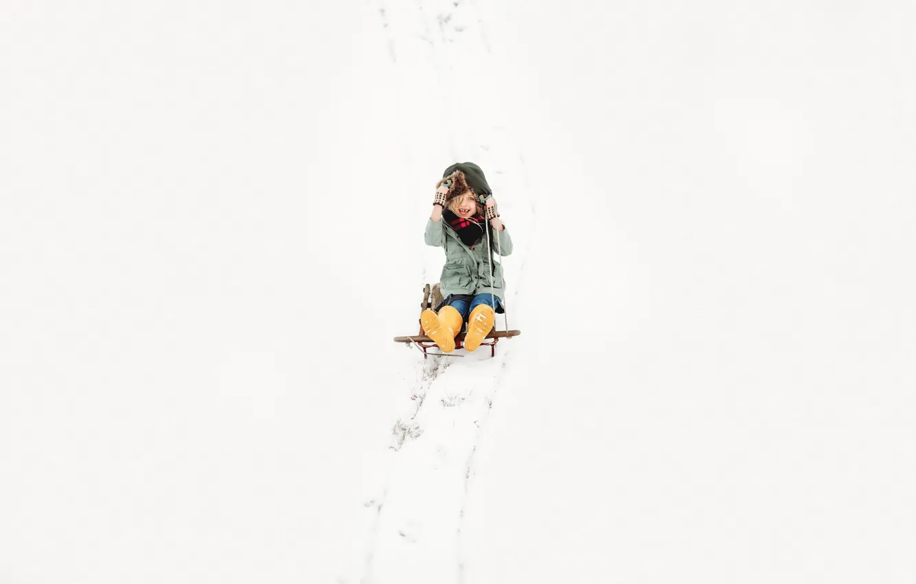 Photo wallpaper winter, girl, sled