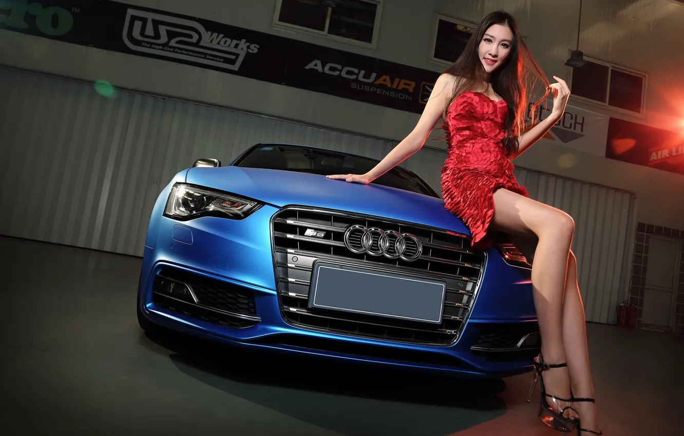 Photo wallpaper auto, look, Audi, Girls, Asian, beautiful girl, sitting on the hood
