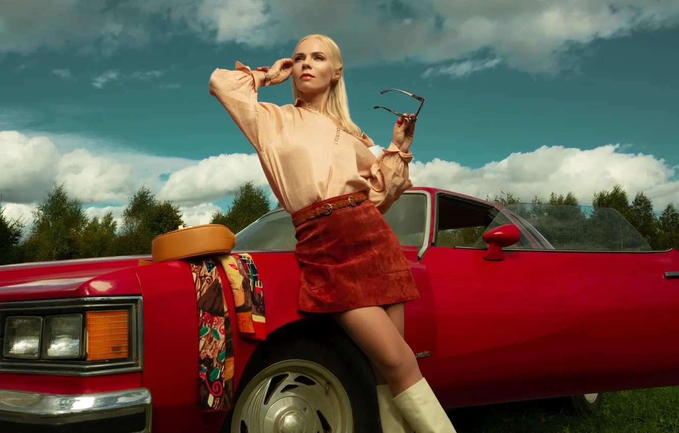 Photo wallpaper machine, auto, girl, pose, style, skirt, boots, glasses