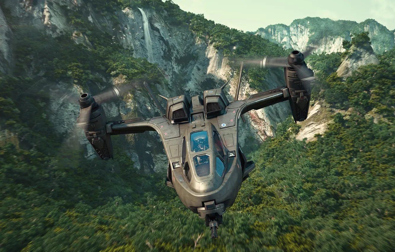 Photo wallpaper mountains, transport, vegetation, helicopter, Earth after us